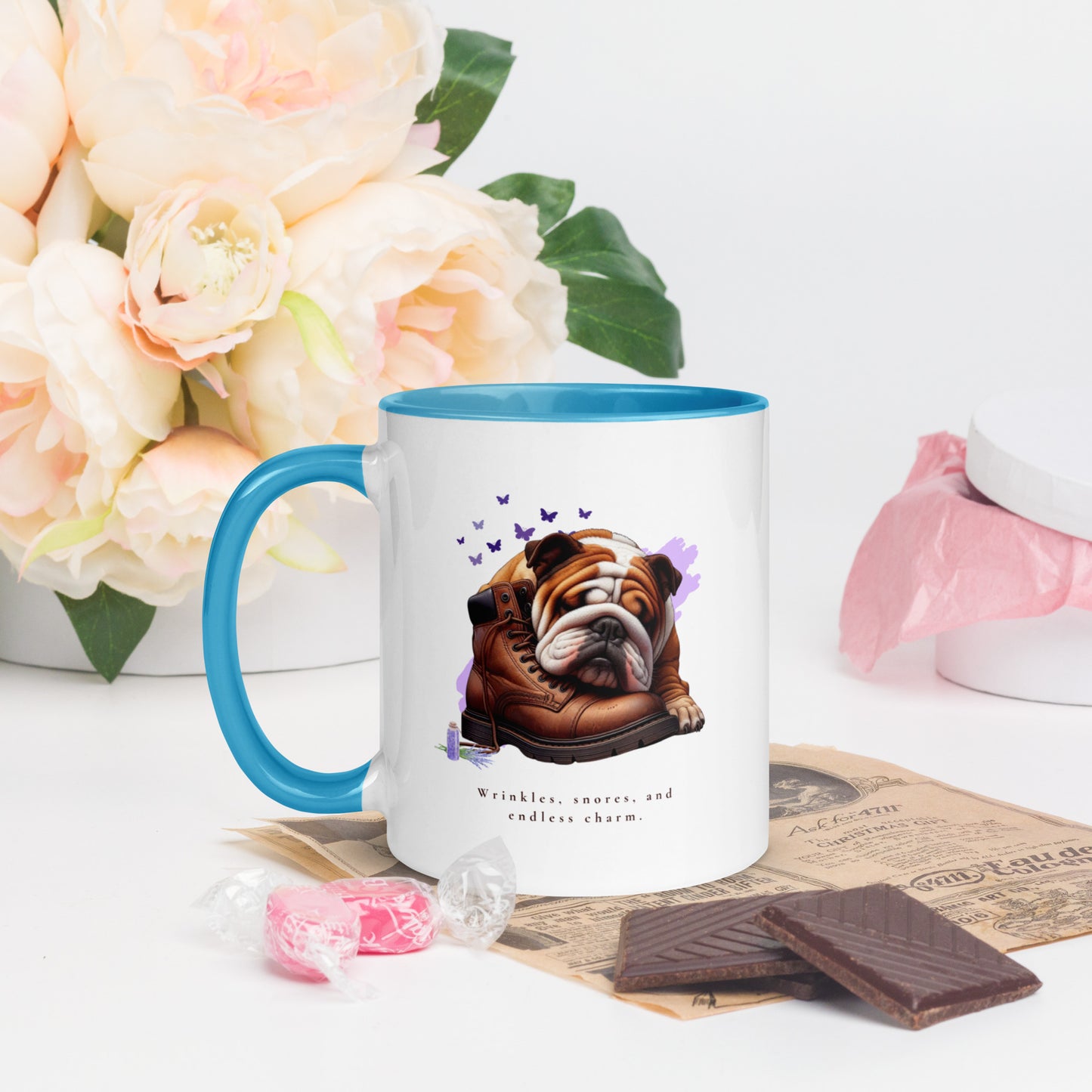 Taza con diseño de bulldog inglés con encanto infinito y color en el interior
