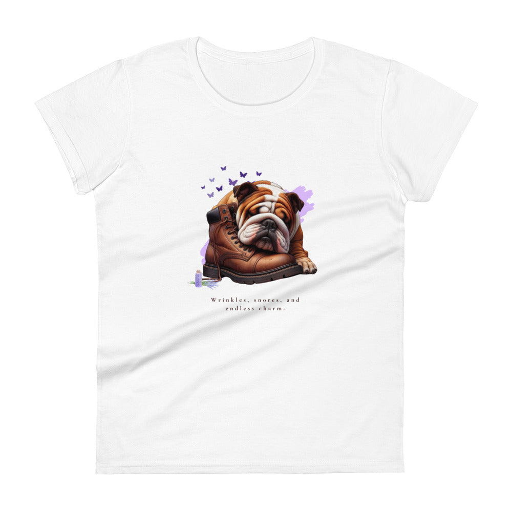 Camiseta de manga corta para mujer con diseño de bulldog inglés con encanto infinito